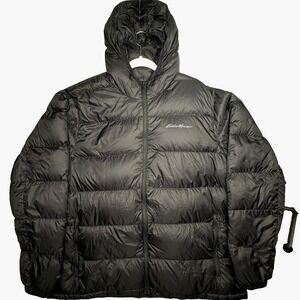 Eddie Bauer Jacket Mens 2XL Black EB650 Down Puffer Hooded Quilted Lightweight